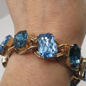 Vintage Blue Rhinestone Gold Tone Statement Bracelet